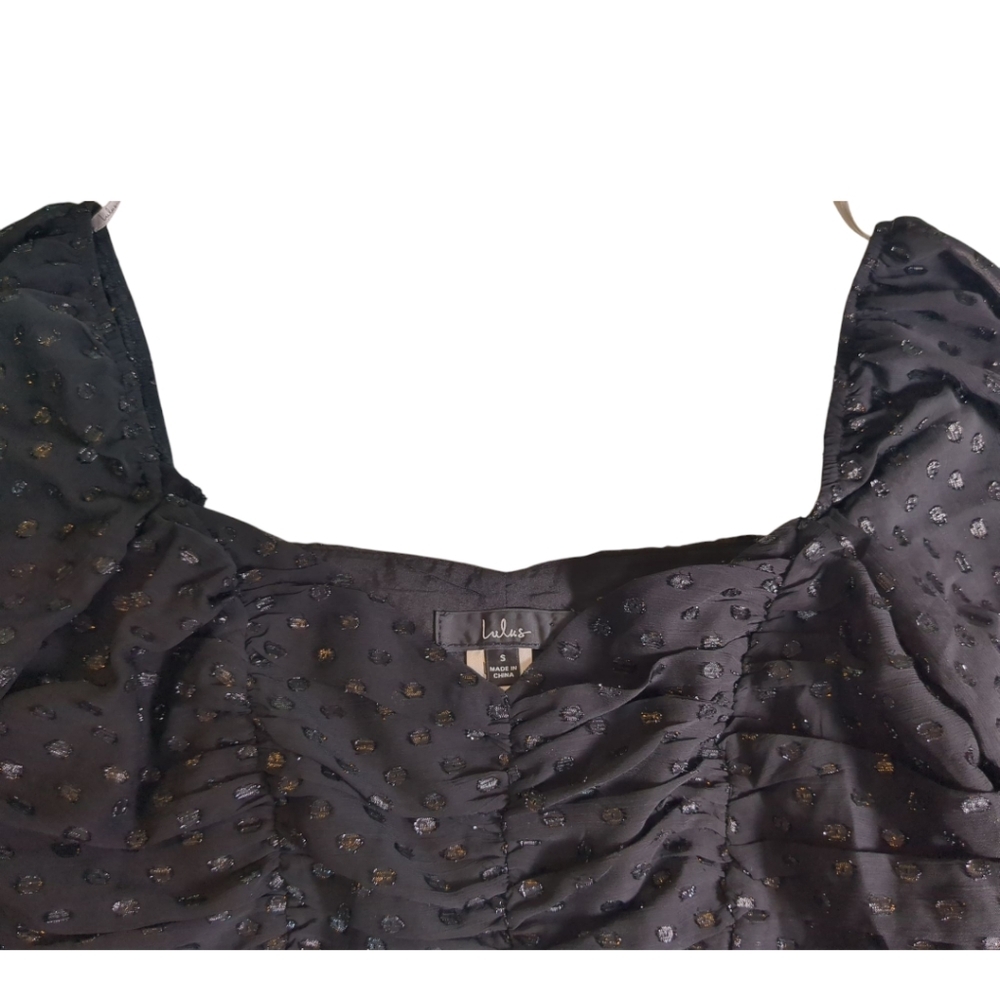 Lulu's Totally Charmed Black Ruched Clip Dot Balloon Sleeve Top Size Small - Picture 6 of 8
